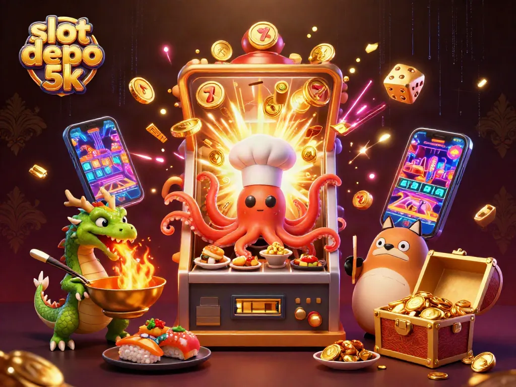 Engage with thrilling slot depo 5k action as an octopus chef, green dragon, and tanuki celebrate in a vibrant casino.