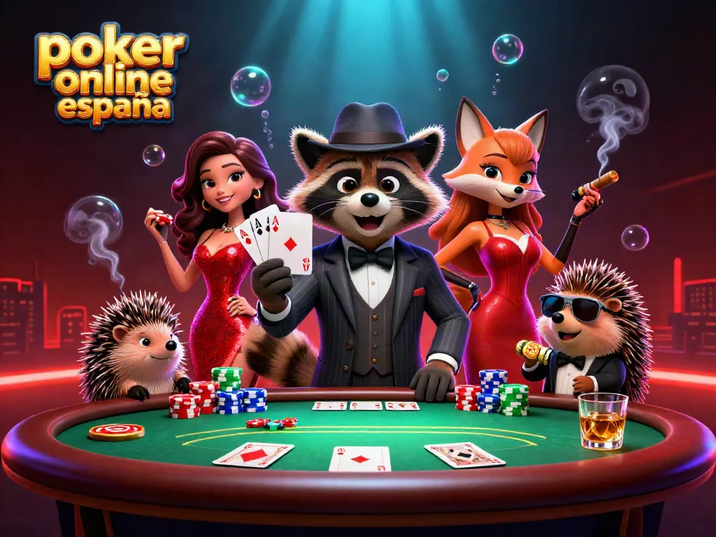 Juega al póker online en España con una divertida escena de póker con personajes animados.