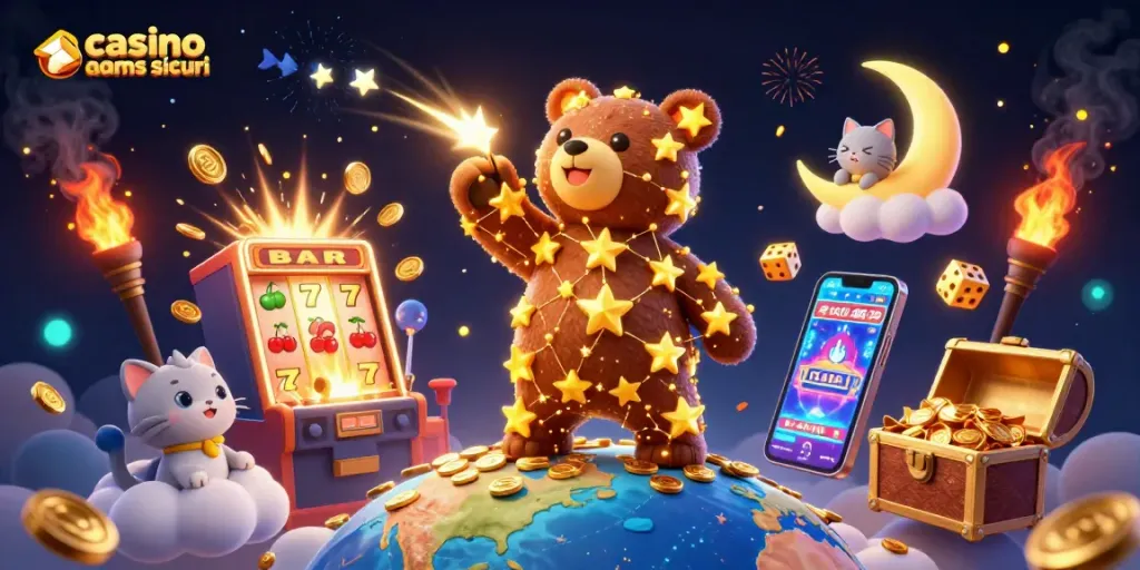 Gioca in casino non aams sicuri e vinci! Illustrazione di un orso costellazione in un casinò vibrante.