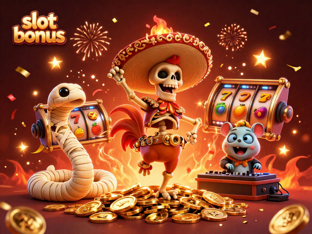 Experience the excitement of slot bonuses with vibrant characters celebrating around dynamic slot reels.