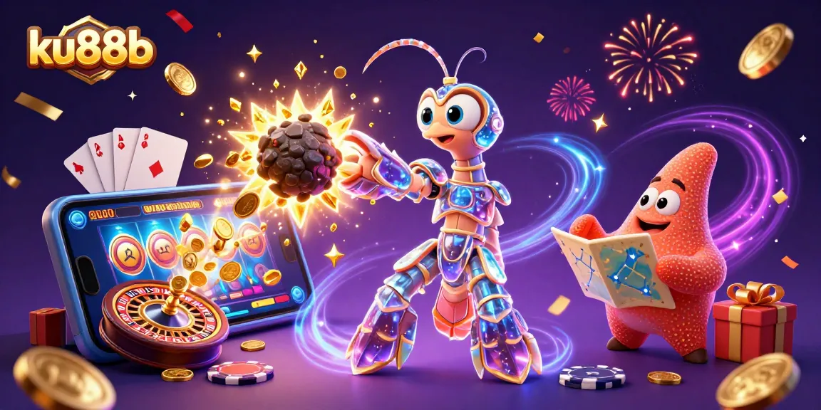 Engage with thrilling gambling action in ku88b, featuring a galactic mantis shrimp amidst gold coins and slot game excitement.