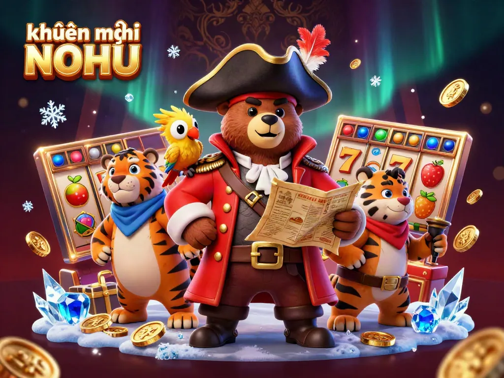 Engage in thrilling action with khuyến mãi NOHU featuring a vibrant casino scene with a pirate bear and tiger, exciting jackpot elements.