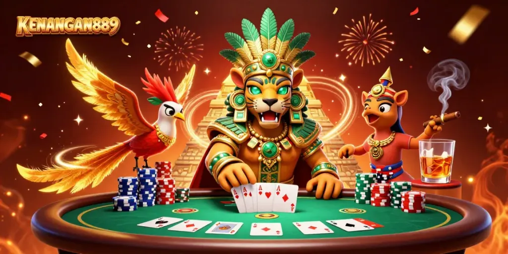 Engage with KENANGAN889 at a dynamic poker scene featuring vibrant characters and game elements.