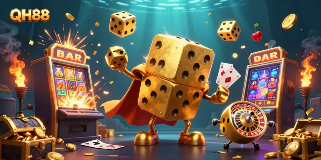 Experience exciting gaming adventures with QH88's dazzling slots and casino elements.