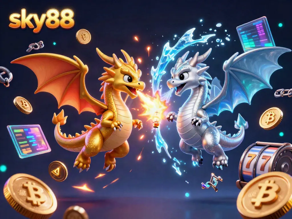 Experience the thrilling universe of sky88 with vibrant dragons unleashing dynamic energy amidst casino elements.