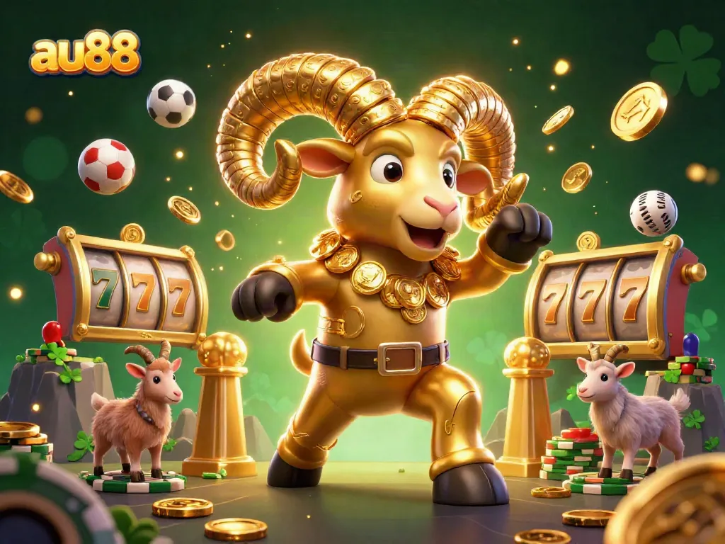 Experience exhilarating gaming action with au88 as a golden ram charges through a vibrant casino scene.