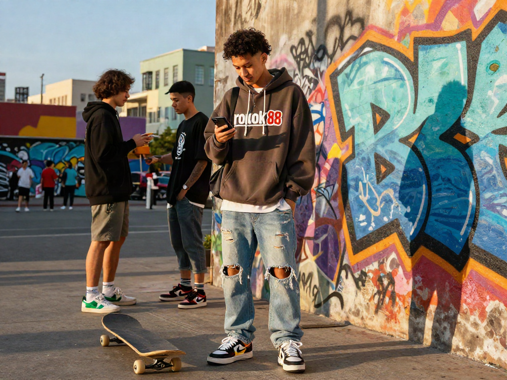 Young adult showcasing rokok88 merchandise in an urban street setting.