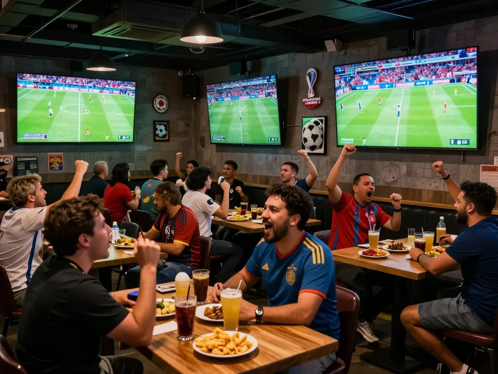 Fans cheering for worldcup2026 while enjoying live soccer matches at a sports bar with vibrant atmosphere