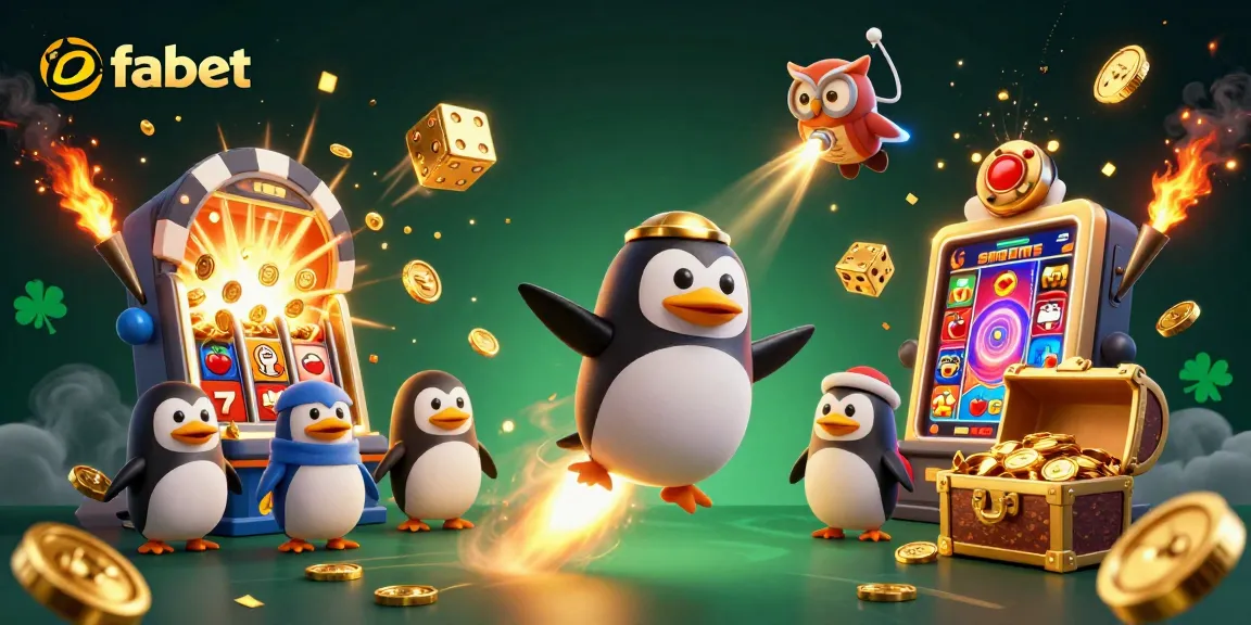 Win big with fabet as a golden penguin flies to a massive slot machine explosion