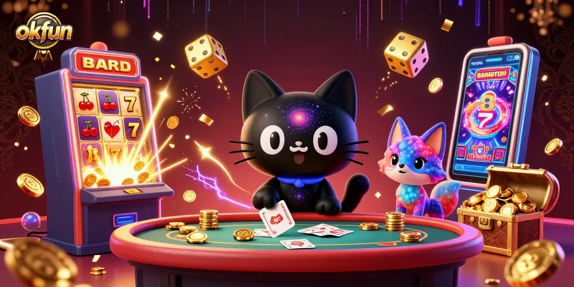 Engage with the vibrant casino world of okfun as a cosmic cat pulls in golden chips and cards.