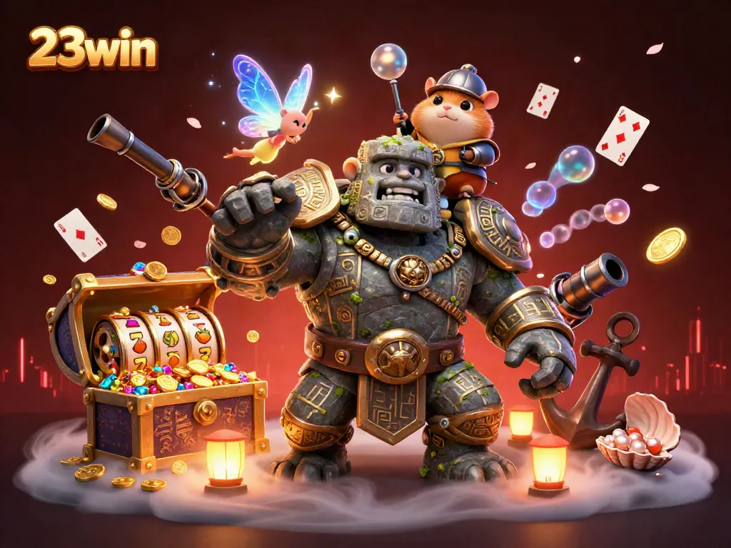 Experience the excitement of 23win with a magical scene featuring a golem guardian and fantastical character elements.