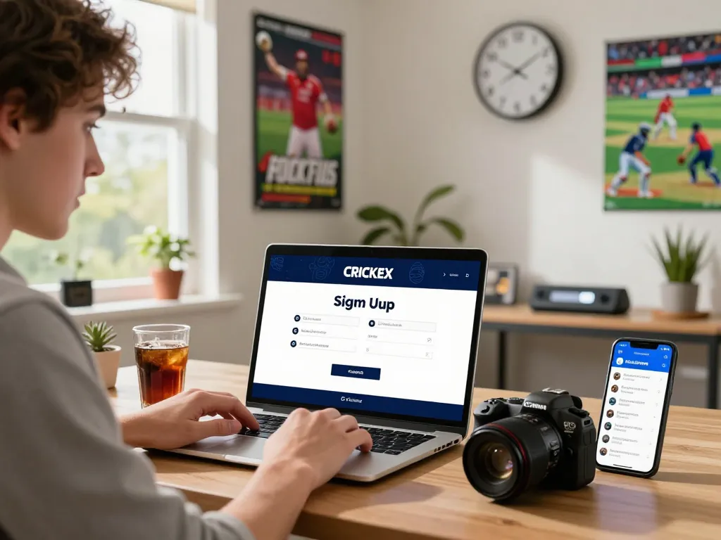Engaged user completing crickex sign up with betting options on a laptop, vibrant sports memorabilia setting