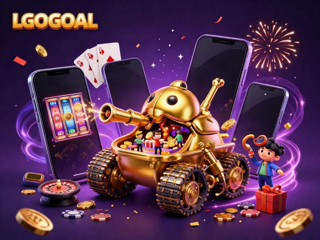 Experience the thrill of LGOGOAL with a vibrant 3D casino explosion featuring a golden beetle tank and lively gaming action.