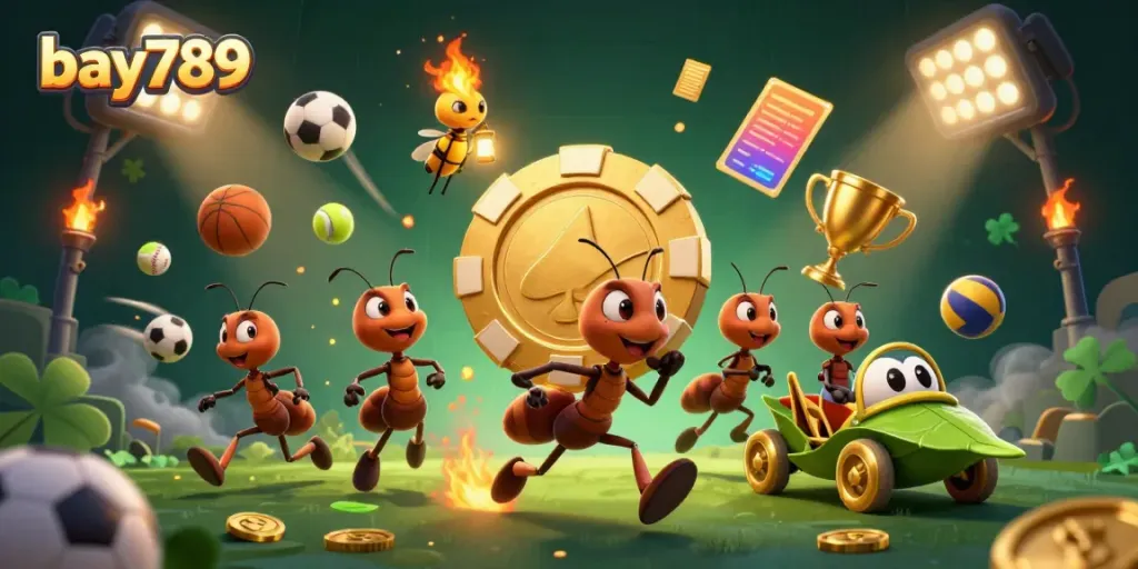 Play thrilling games at bay789, where cartoon ants execute a heist for a massive golden poker chip!