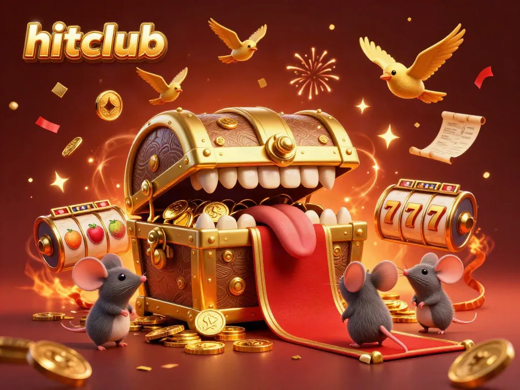 Experience the thrilling games at hitclub with golden treasures and slot machine excitement in a vibrant casino scene.