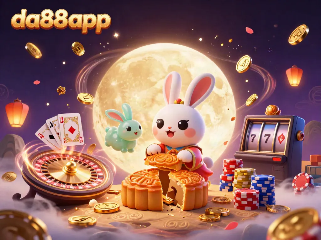 Experience the excitement of da88app with animated moon rabbits, poker chips, and a vibrant casino atmosphere.