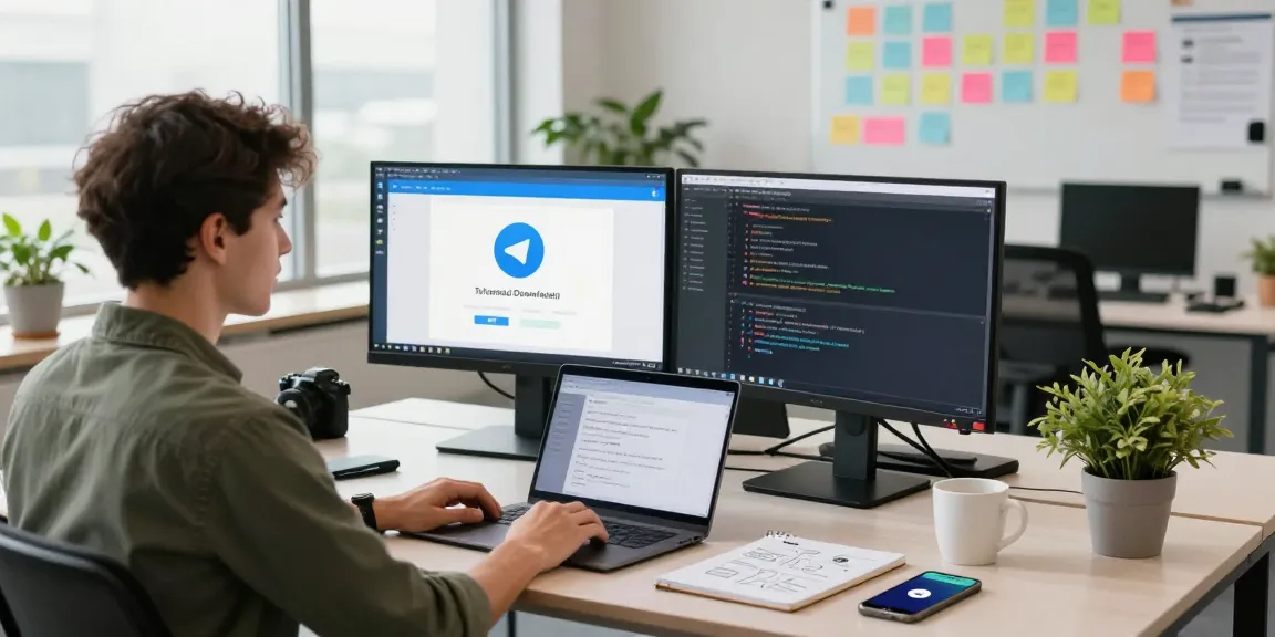 Dynamic workspace showcasing Telegram Download in action with a developer's setup and engaging tech elements.