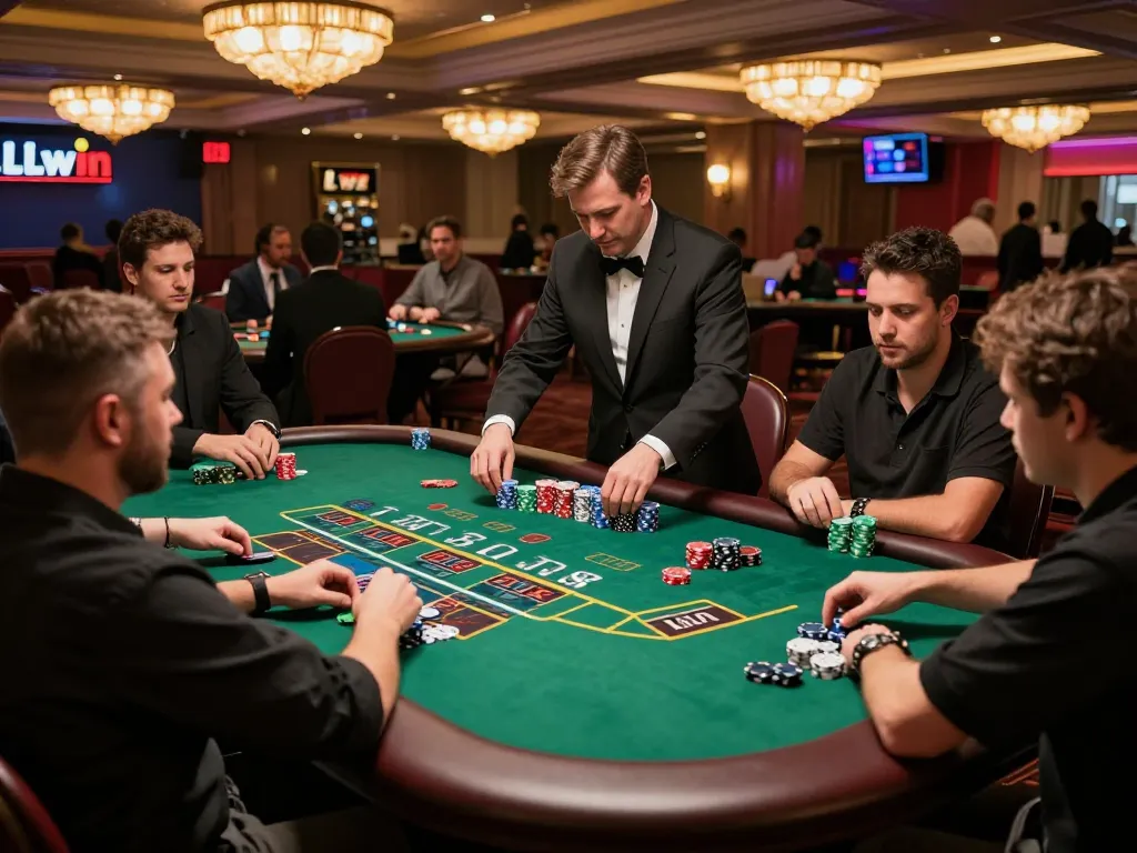 Players at LLwin engage in a thrilling blackjack game, showcasing excitement and strategy in a warm casino ambiance.