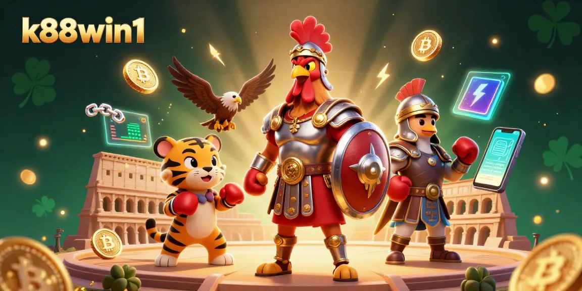 Engage with k88win1's dynamic gaming atmosphere featuring a gladiator rooster, crypto coins, and immersive elements.