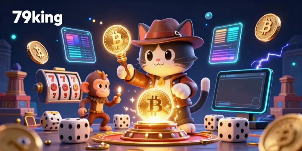Engage in thrilling gameplay at 79king, where a cat explorer uncovers casino treasures surrounded by crypto elements.