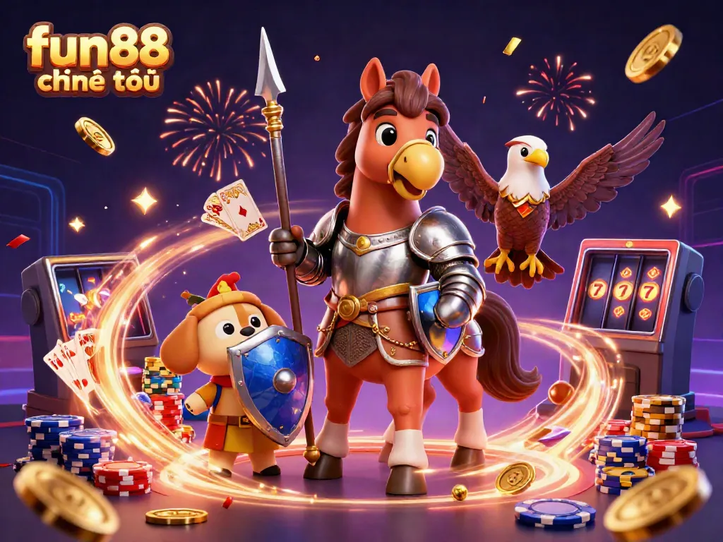 Engage with fun88 chính thức in a vibrant, dynamic casino adventure featuring knights and gaming elements.