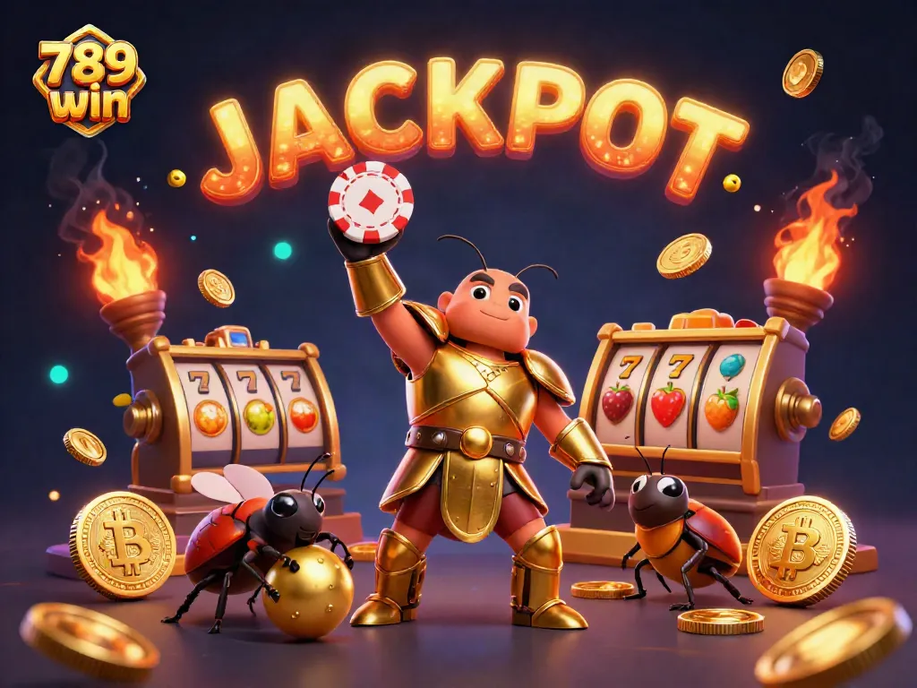 Embrace the thrill of 789 win with a victorious beetle lifting a poker chip, amidst vibrant casino elements.