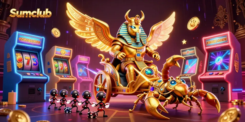 Engage in thrilling gameplay at Sumclub, featuring vibrant slot reels and interactive game elements.