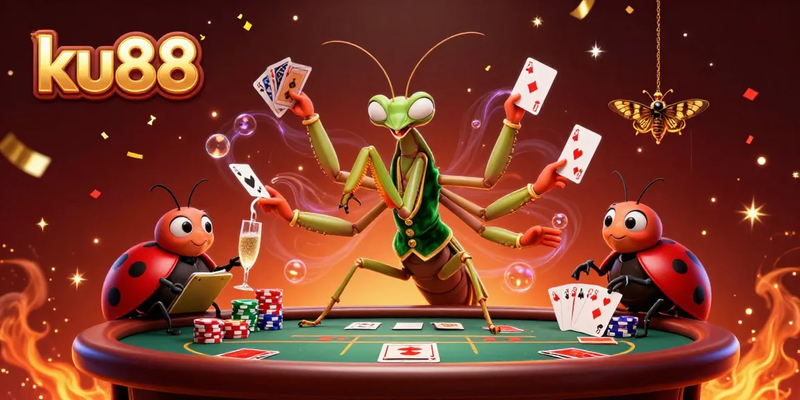 Engage with ku88 in a vibrant 3D casino scene filled with cards and festive effects.