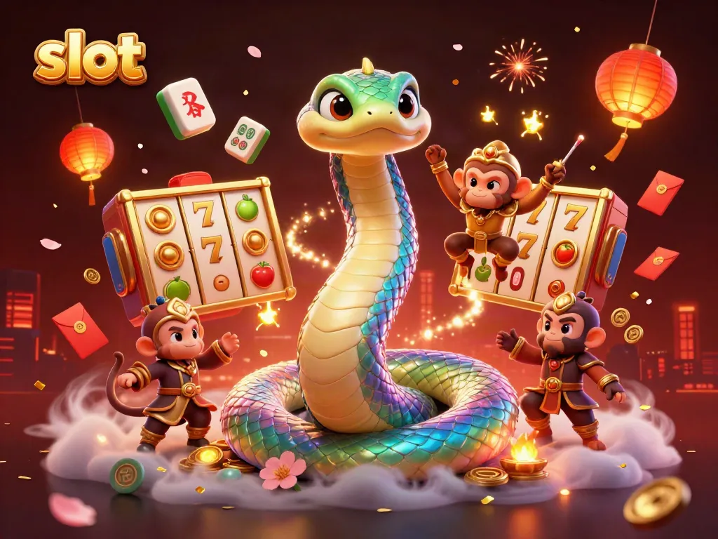 Spin the slot reels alongside a vibrant rainbow serpent and monkey king in a magical 3D casino setting.