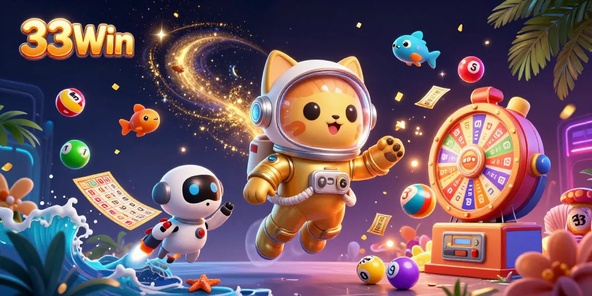 33Win lottery promotion featuring a vibrant space-themed illustration with an astronaut cat and robot dog.