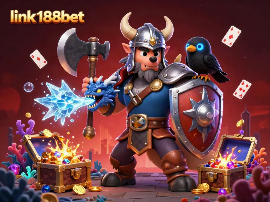 Experience the excitement of link 188bet with 3D Viking warrior, dragon, and glowing casino elements.