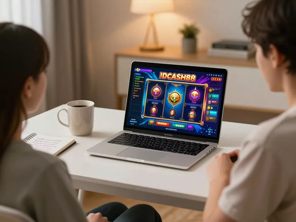 Engaging in IDCASH88 Slot gameplay at home, showcasing a cozy setup with laptop and strategy notes.