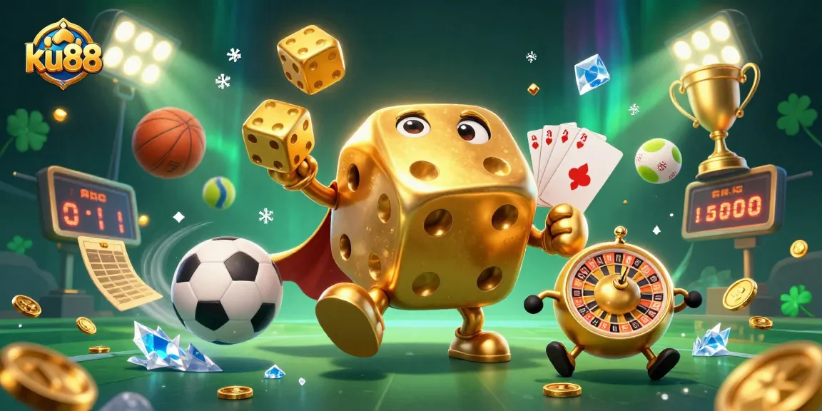 Engage with ku88 through vibrant casino-themed art, showcasing a lively scene of games and betting excitement.