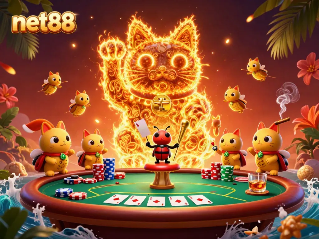 Experience net88's dynamic casino scene with golden fireflies and a lucky cat at the poker table.