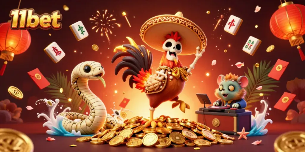 Experience thrilling gaming action with 11bet in a vibrant, festive 3D casino scene.