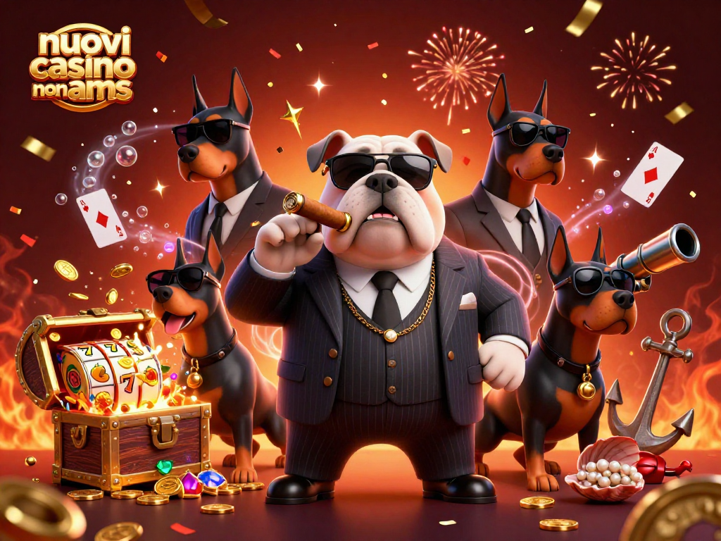 Scopri i nuovi casinò non AAMS con il bulldog mafioso e i suoi bodyguard in un'illustrazione 3D vivace.