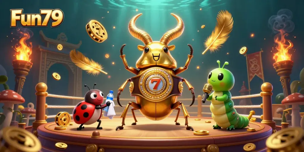 Experience the excitement of Fun79 through a unique gaming illustration featuring a golden stag beetle and vibrant casino elements.