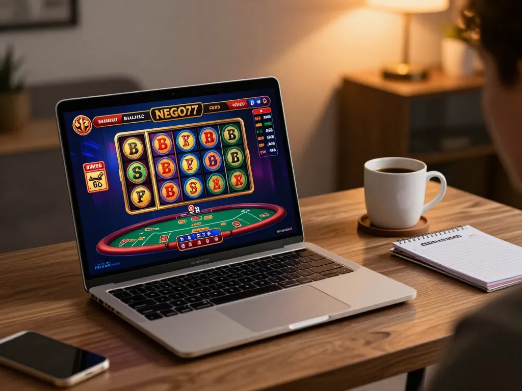 Engaging online gaming experience with NEGO77 daftar on a laptop showcasing exciting slot games.