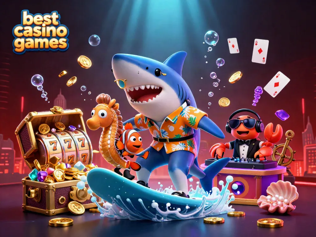 Engaging 3D illustration showcasing best casino games with a hammer-head shark, clownfish, and crab DJ.