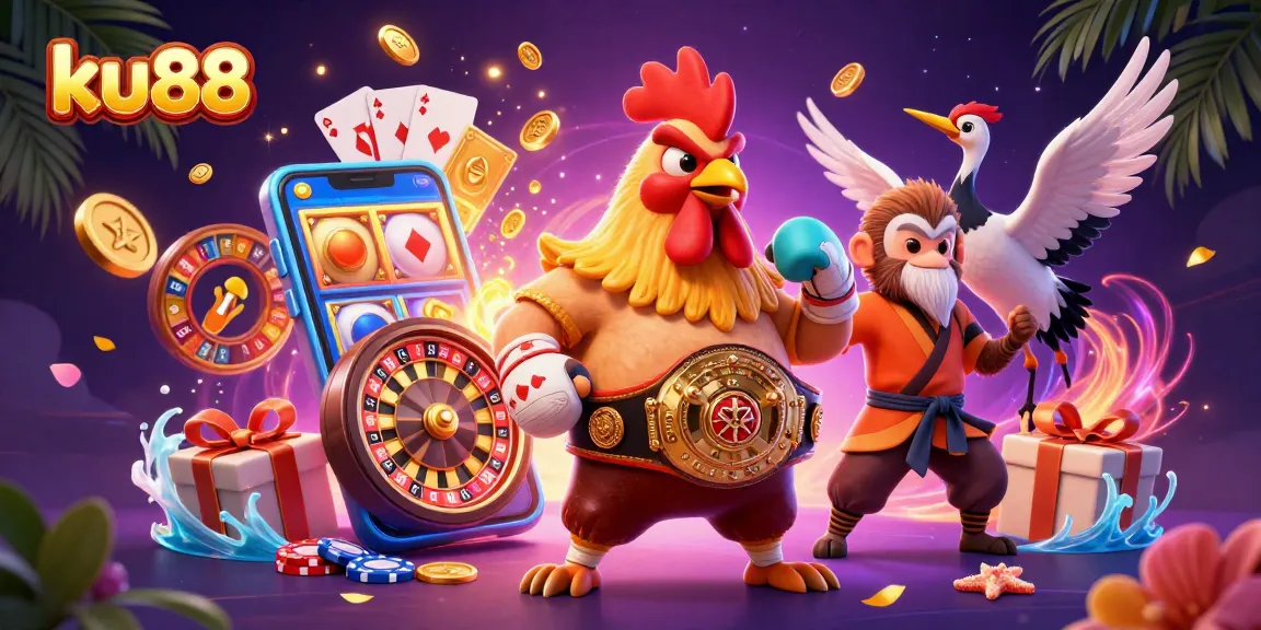 Engaging ku88 illustration showcasing a Muay Thai rooster and Shaolin monkey in a dynamic casino scene.