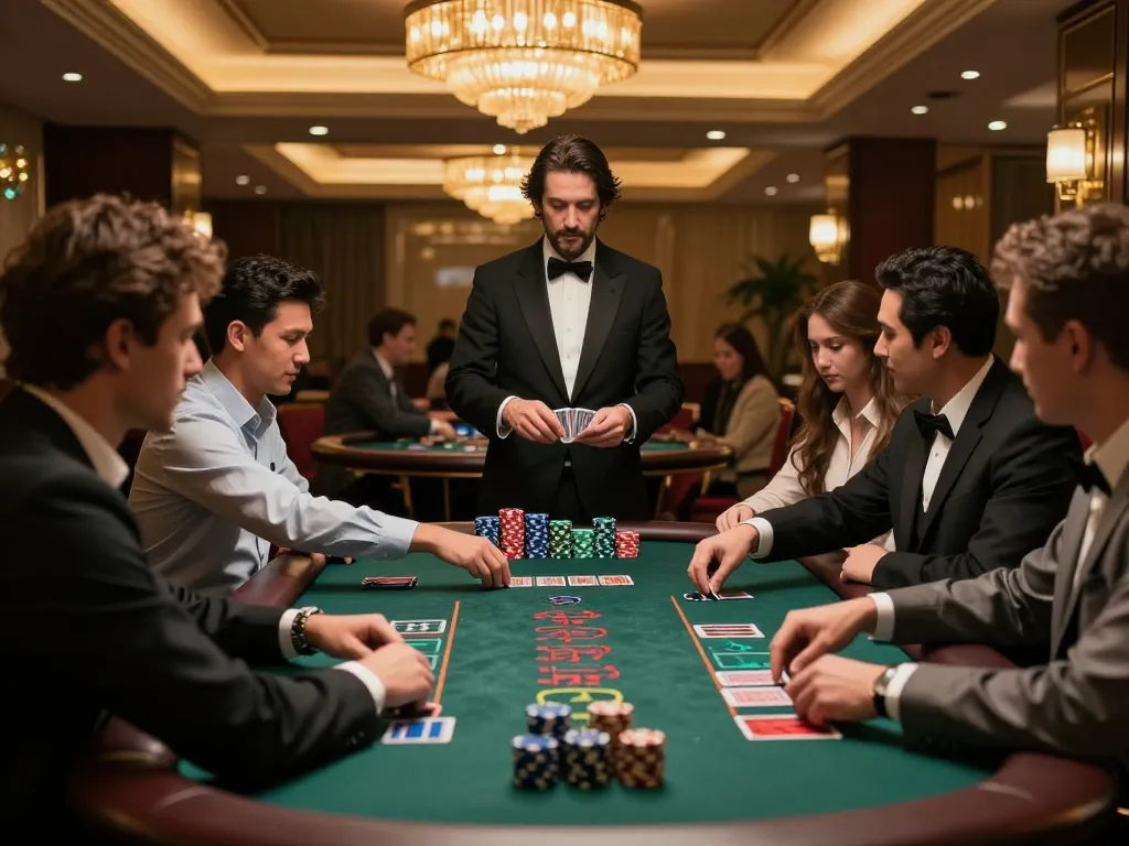 Players engaging in a thrilling blackjack game at a luxury casino table, with emailcopyguru strategies enhancing their experience.