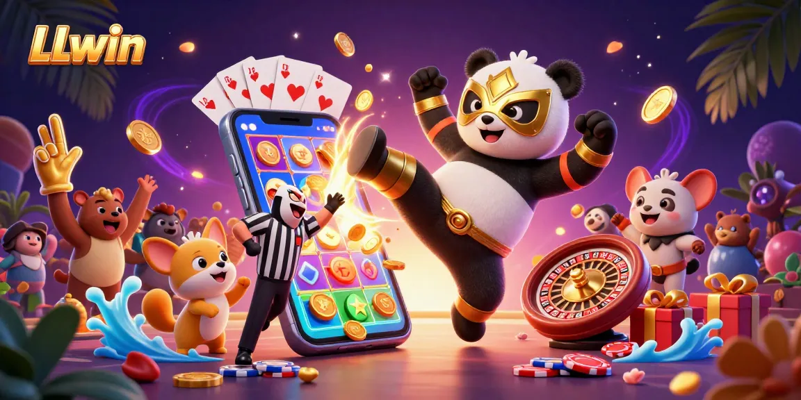 Experience thrilling gameplay with LLwin featuring a vibrant scene of a panda wrestler amidst dynamic slot games and cheerful animal fans.