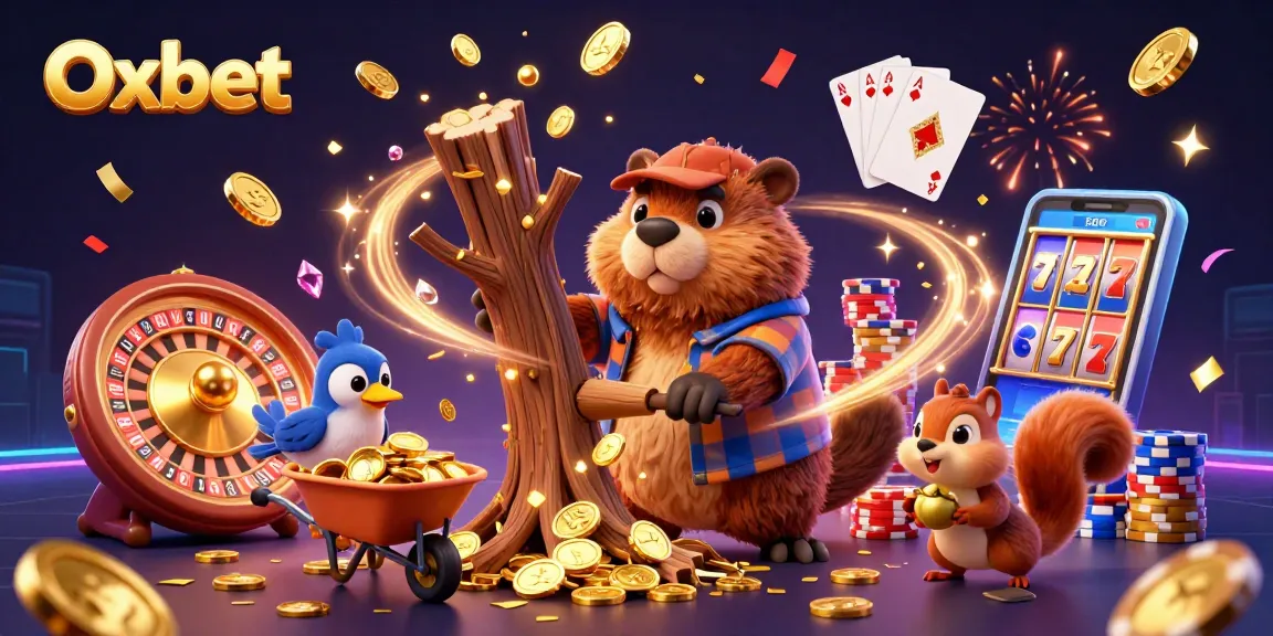 Oxbet showcases a vibrant scene with a beaver, bird, and squirrel celebrating gambling wins.