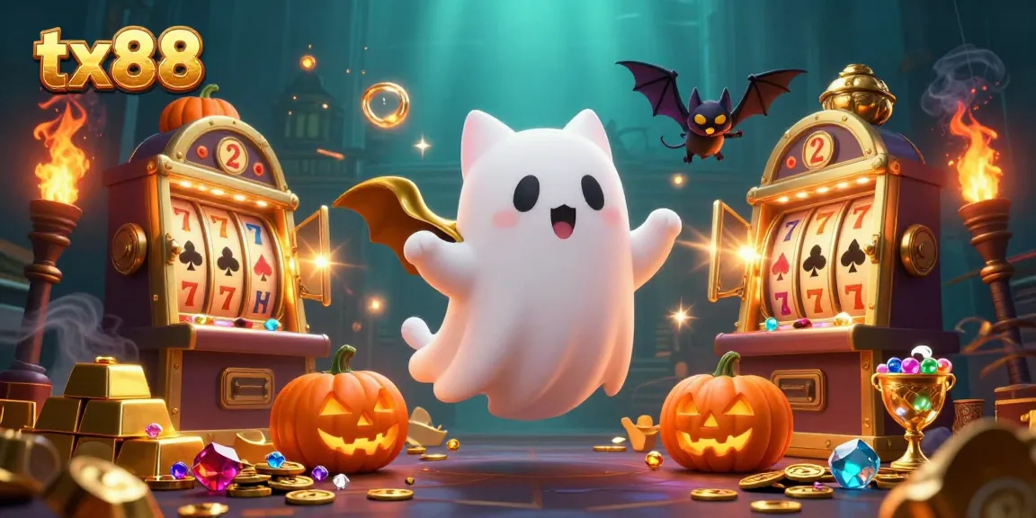 Spin the reels at tx88 while a ghost cat cheers on amidst a haunted casino scene.