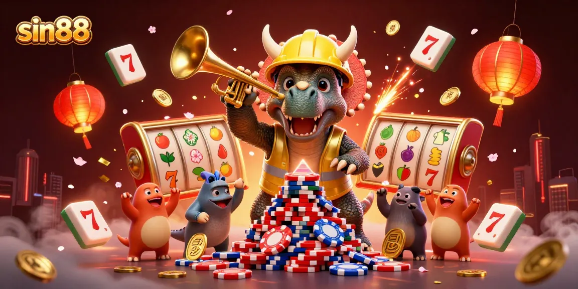 Experience exciting gameplay at sin88 with lively 3D characters and slot gaming elements amidst a vibrant celebration.