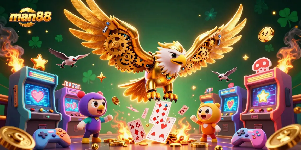 Experience man88's high-stakes gaming with a cybernetic eagle soaring through vibrant casino elements.