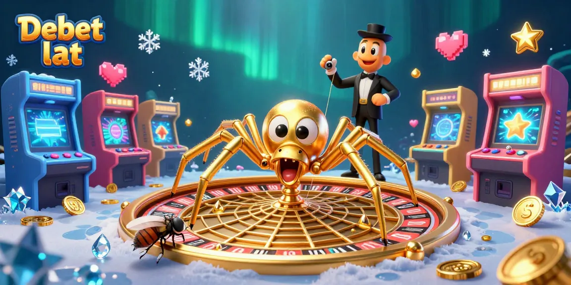 Bet on Debet lat with a 3D cartoon golden spider spinning a roulette wheel web.