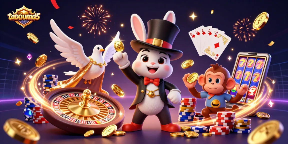 Experience the thrill of taixiumd5 as the magician rabbit conjures coins amidst a vibrant casino scene.