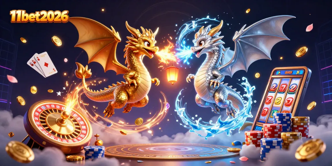 Experience the thrill of 11bet2026 with a dynamic scene featuring dragons and casino elements.