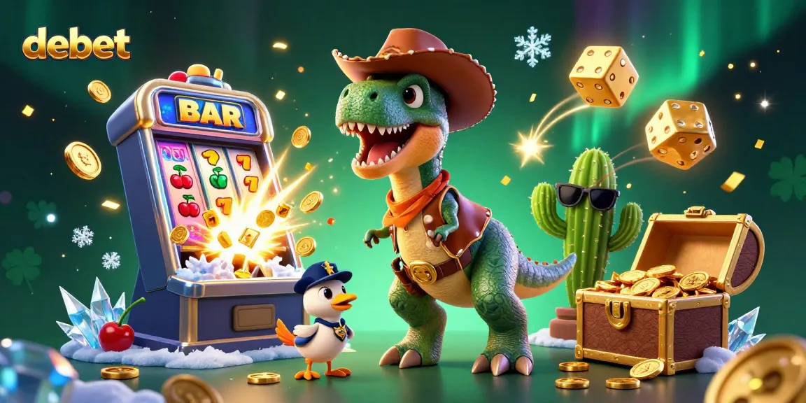 Spin the debet slots with cowboy dinosaur, colorful symbols, and jackpot frenzy!